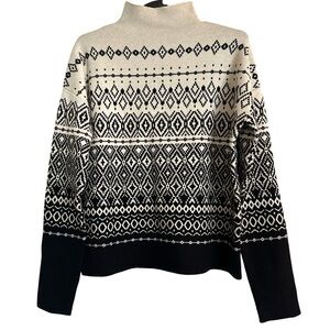 Joie Black/Ivory Fair Isle Soft Cozy Rayon Blend High Neck Pullover Sweater